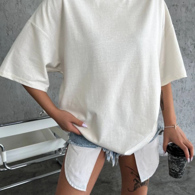 Düz Biskilet Yaka Oversize T-shirt - Beyaz -